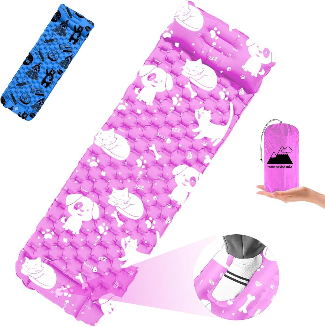 Inflatable Sleeping pad for Kids, Toddler and Youth | Air Mattress w Built-in Pump, 55 Ultralight Sleeping Mat with Pillow for Camping, Sleepovers & Travel | Airpad, Kids Cot, Camping Mattress -Pink