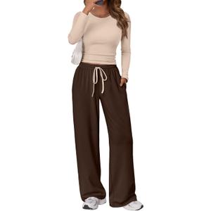 Trendy Queen Women's 2 Piece Matching Lounge Set Long Sleeve Side Ruching Top Wide Leg Drawstring Pants Set with Pockets (Medium, Beige, Coffee)