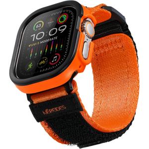 Rugged Case with Band for Apple Watch Ultra 1/2 Band 49mm, Hook and Loop Nylon Sport Strap with Case for Iwatch Men(Orange)