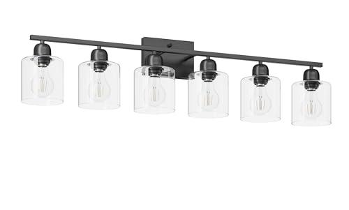 FAISHILAN Black 6-Light Bath Vanity Lights for Mirror, Restroom Lights Fixtures with with Clear Glass Shades,Bathroom Over Sink Light Fixtures, Bathroom Light Fixtures Over Mirror