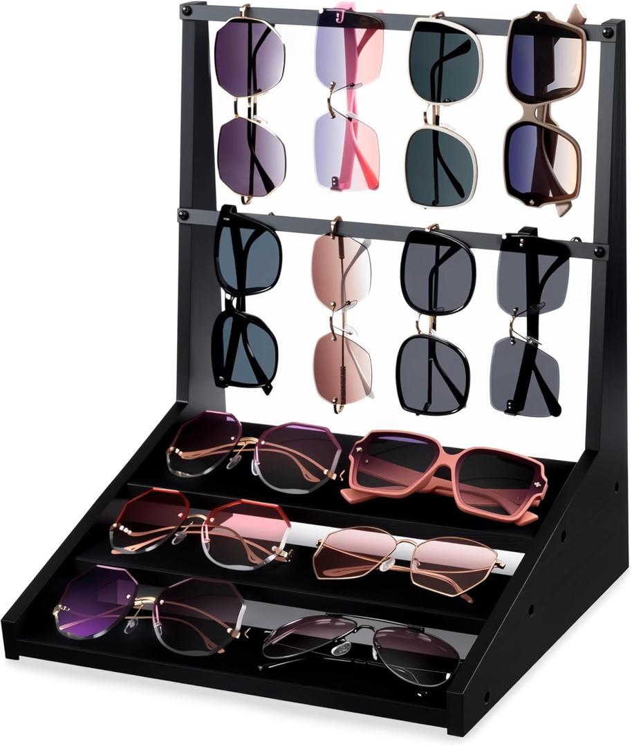 5-Tier Sunglasses Organizer, Sunglass Holder Stand Display Rack Holds 16 Pairs, Multi-Purpose Storage for Eyeglasses, Watches, Perfumes, For Desk, Dresser, Nightstand (Black)
