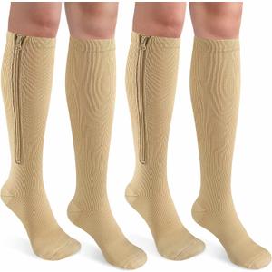 CASMON 2 Pairs Zipper Compression Socks for Women & Men,15-20 mmHg Closed Toe Knee High Support Sock for Varicose Vein Edema (XX-Large, Beige)