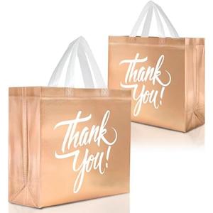 Nush Nush Large Rose Gold Thank You Gift Bags – Set of 12 Beautiful Rose Gold Thank You Bags With White Print - Perfect Goodie Bag for Thanksgiving, Christmas, Birthday, Party Favor – 13Wx5Dx11H Size