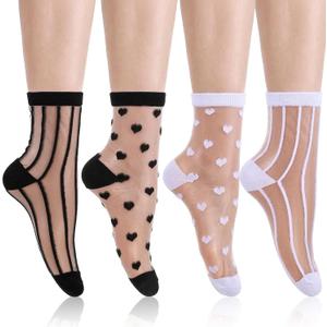 4 Pairs Sheer Socks Women Lace Socks Summer Cool Cute Crew Sock Thin Lace Mesh Casual See Through Sock
