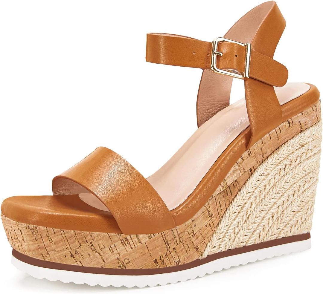 Women's Espadrille Wedge Platform Sandals Open Toe Ankle Buckle Strap Casual Summer Shoes (8, 02 Brown)