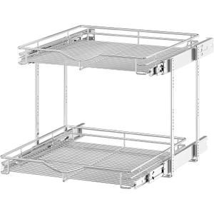 OCG 2 Tier Pull Out Cabinet Organizer (22.5" W x 21.5" D), Pull Out Drawers for Kitchen Cabinets, Pull Out Shelves for Base Cabinet Organization in Kitchen Bathroom Pantry, Chrome Finish