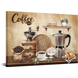 KREATIVE ARTS Coffee Bar Wall Art 16x24 Inch Kitchen Canvas Print Vintage Beans and Croissant Picture for Cafe Dining Room Coffee Station Rustic Home Decor