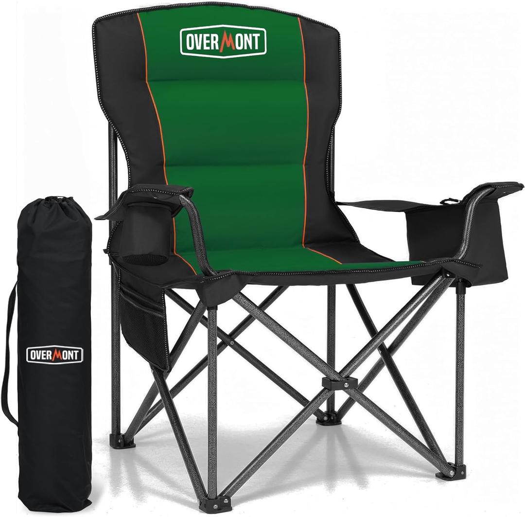 Overmont Oversized Folding Camping Chair - 450lbs Support with Padded Cushion Cooler Pockets - Heavy Duty Collapsible Chairs for Sports Garden Beach Fishing