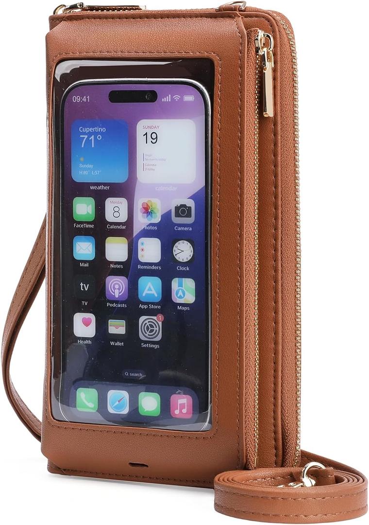 GOIACII Phone Purse Crossbody Bags for Women Small Travel Wallet Touch Screen RFID Blocking (Brown)