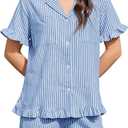 Kissonic Womens Striped Pajamas Set 2 Piece Cotton Short Sleeve Ruffle Pajama V Neck Striped Pjs Lounge (S)