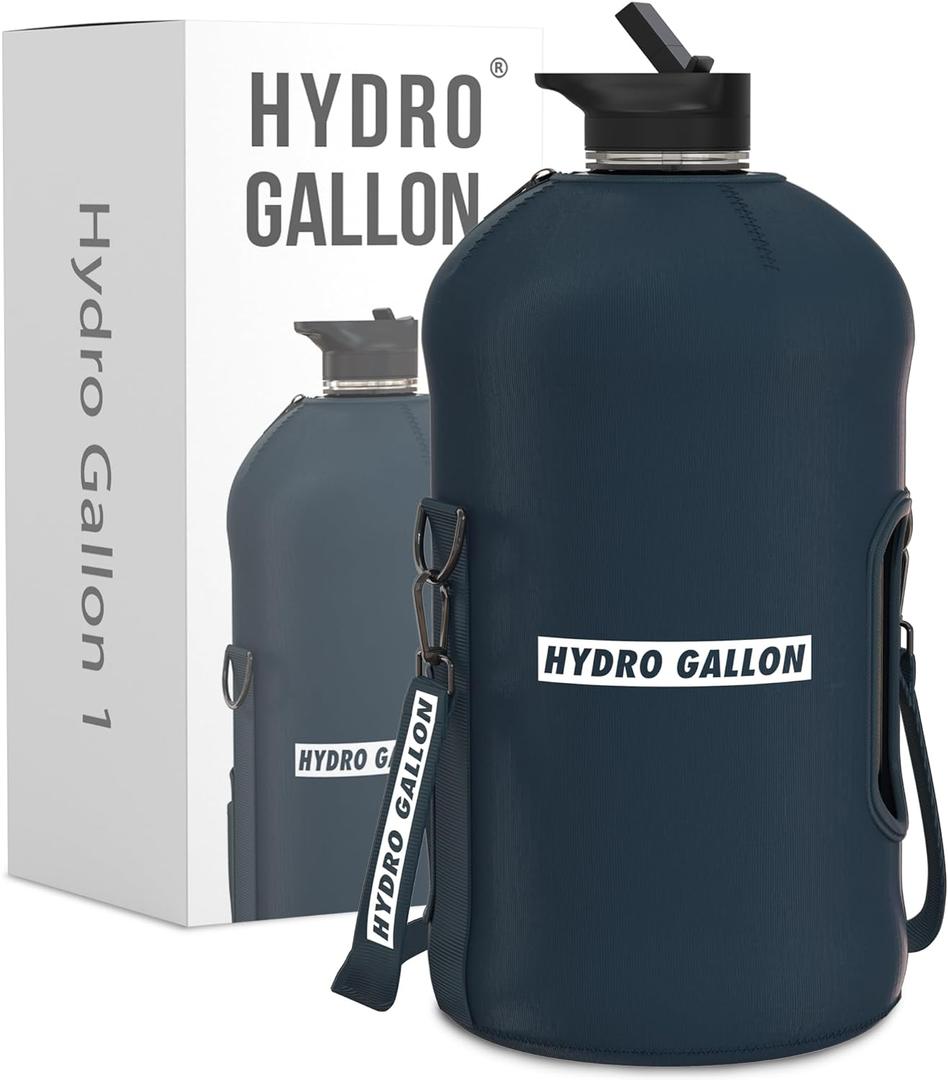 Hydro Gallon - 1 Gallon Water Bottle Jug with Insulated Sleeve and Straw Lid, Handle, Time Marker, Pocket, Shoulder Strap. Daily Intake Leakproof BPA free Large Big Bottle. 128oz (Navy Blue)