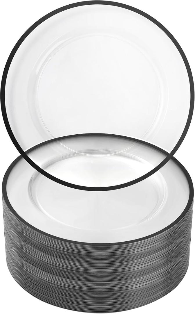 Goodluck 12 Inch Disposable Charger Plates Plastic, 100 Pack Plastic Clear Charger with Black Rim for Dinner, Wedding, Party