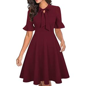 Burgundy Dresses for Women Formal Cute Modest Wine Colored Red Short Sleeve Tie Neck Flowy Aline Summer Cocktail Dress Vestido Color Vino S