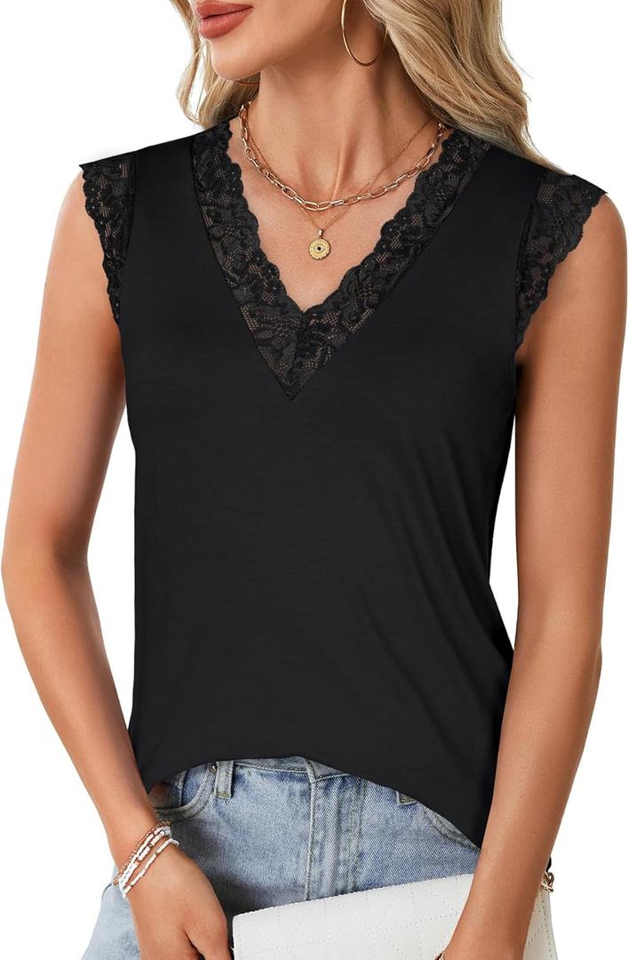 Vrtige Women's Lace V Neck Sleeveless Vest Summer Camisole Shirts (X-Large)