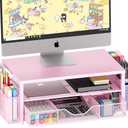OPNICE Desk Organizers and Accessories, 2-Tier Computer Monitor Stand Riser with Drawer and 2 Pen Holders, Office Desk Accessories for Office Supplies, Pink