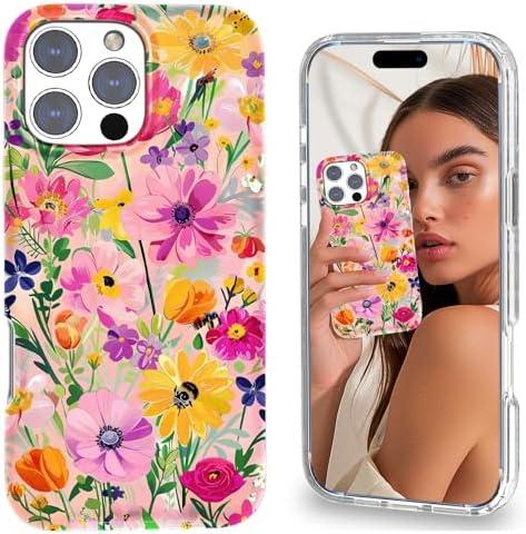 Ratcase Magnetic for iPhone 16 Pro Case Cute for Women Girls, Home Button Stickers,[Drop Protection] with Slim Colorful Flowers Heart Oil Painting Girly Phone Case for iPhone 16 Pro