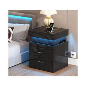 ChooChoo LED Nightstand with Charging Station,Smart Night Stand with Sliding Top Storage, 2-Drawers High Gloss Bedside Table, Modern End Table for Bedroom,Black