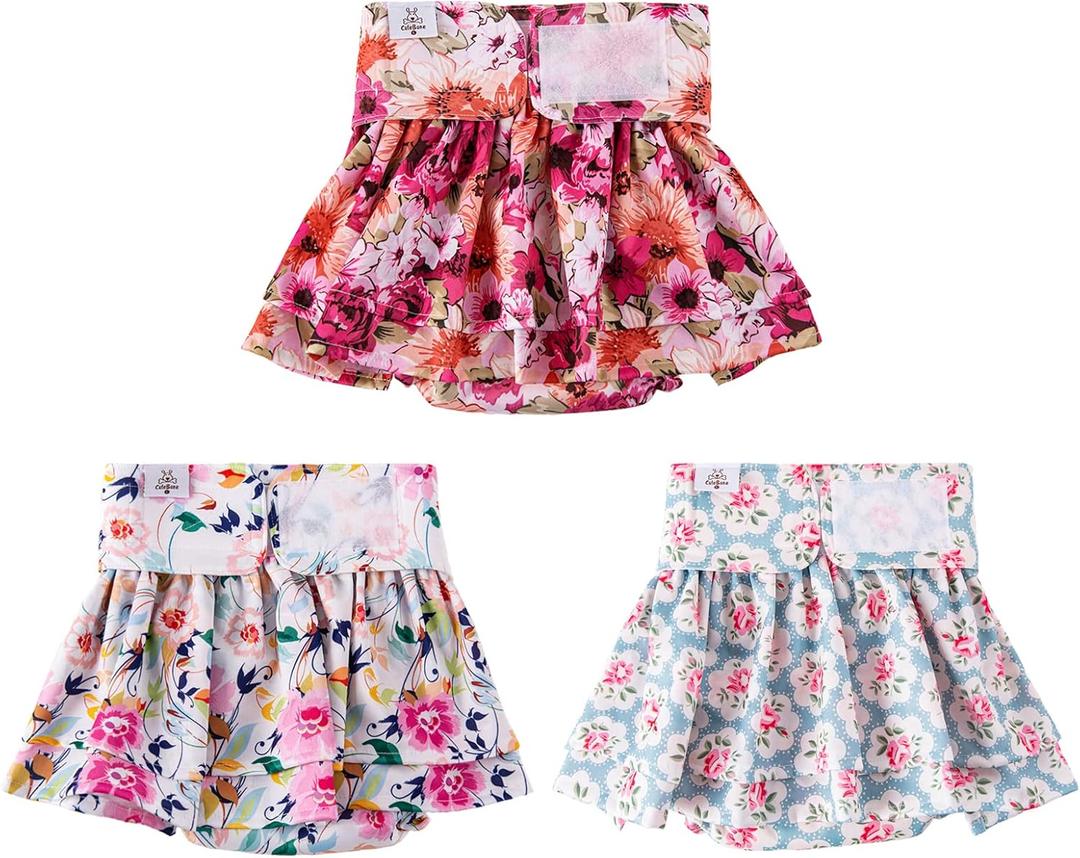 CuteBone Female Dog Diapers with Skirts 3 Pack Reusable Puppy Dresses Pants for Heat Cycle Period, Size: M