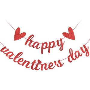 Red Glitter Happy Valentines Day Banner Valentine's Day Banner Valentines Banner Decorations for Happy Valentines Day Party Decorations