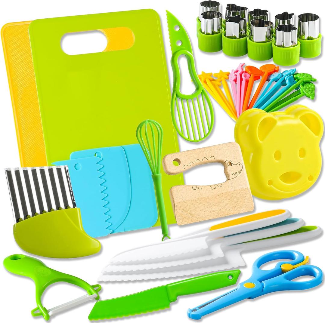 46Pcs Kids Knife Set for Real Cooking: Montessori Kitchen Tools for Toddlers, Kitchen Toy for 3 4 5 6 7 8 9 10 Year Old Boys Girls Birthday Gifts