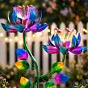 Solar Wind Spinner Outdoor Metal Garden Decor – 2-in-1 Kinetic Double Lotus Flower Stake with Glowing Fiber Optic Lights, Multi-Color Spinning Yard Art Sculpture for Patio, Lawn, and Pathway
