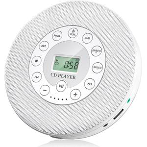 Lukasa Portable Bluetooth CD Player Built-in Speaker Stereo, Personal Walkman MP3 Players Rechargeable Compact Car Disc CD Music Player USB Play Anti-Shock Protection (White)