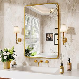 Gold Metal Framed Bathroom Mirror for Wall,22X30 Inch Rounded Rectangle Mirror, Matte Black Bathroom Vanity Mirror Farmhouse, Anti-Rust, Hangs Horizontally or Vertically