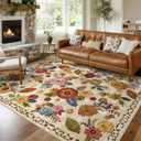 8x10 Machine Washable Area Rug for Living Room, Beige Vintage Boho Floral Rug Large Non-Slip Low Pile Soft Faux Wool Carpet, Kids and Pets Friendly for Bedroom Dining Room Farmhouse Home Decor Rug