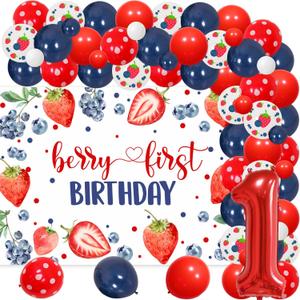 Berry Sweet One Birthday Party Decorations - Berry First Birthday Backdrop, Strawberry Blueberry Balloon Garland Arch Kit, Number 1 Foil Balloon for Baby Shower Fruit 1st Birthday Party Supplies
