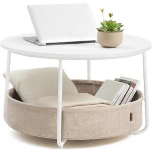 VASAGLE Coffee Table with Storage, Round Center Table for Living Room with Fabric Basket, Modern Style, Metal Frame, Matte White and Camel Brown ULCT244W10