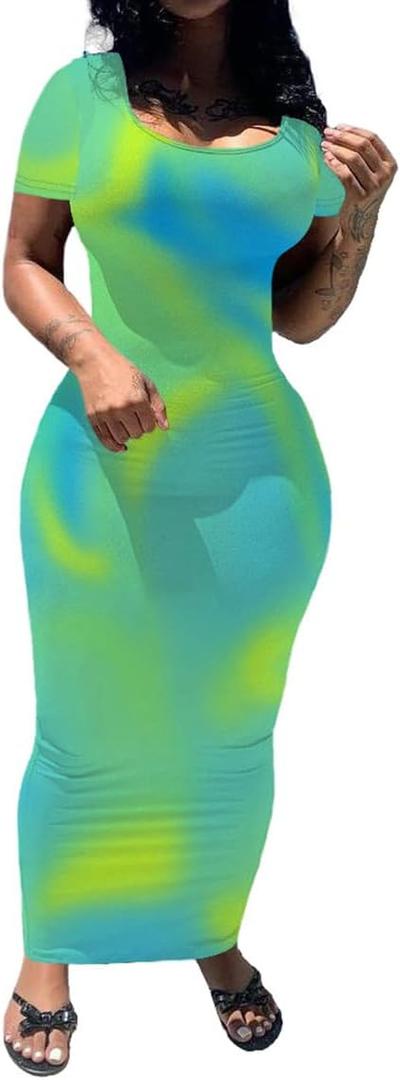 PINSV Women's Casual Bodycon Maxi Dress Summer Scoop Neck Short Sleeve Long Fitted Dresses Club Party (Large, Blue Green Blend Printing)