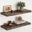 Floating Shelves Set of 2, Solid Elm Wood Wall Shelves 24 Inch - Invisible Bracket Mount for Living Room, Bedroom, Kitchen, Bathroom - Brown, Live Edge, 24"L, 2 Packs
