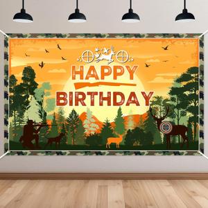 Avezano Hunting Birthday Banner Camo Themed Happy Birthday Party Decorations Deer Hunting Birthday Banner for Kids 70.8 x 43.3 Inch