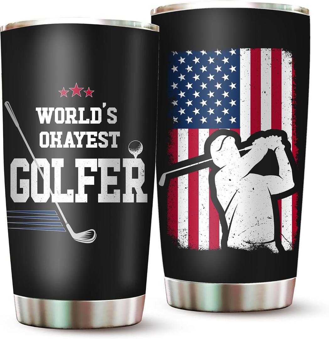 2IMT Golf Tumbler 20oz for Men Funny Travel Mug Birthday Gift Golf Lover Present for Dad Fathers Day Idea for Him Golfer Coffee Cup Outdoor Use Golfs Drinking Item Worlds Okayest Golfer Accessory