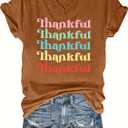 Thanksgiving Shirts for Women Thankful V Neck Shirt Family Thanksgiving Gifts Short Sleeve Tee Fall Top (Brown, S)