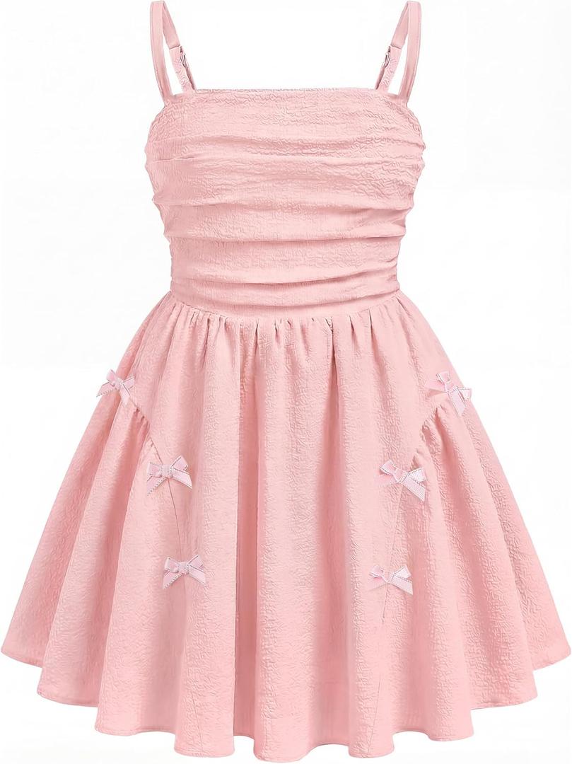 Girls Summer Dress Boho Dress Adjustable Spaghetti Straps A-line Sundress Cute Beach Party Dresses with Bows (11-12 Years, Pink)