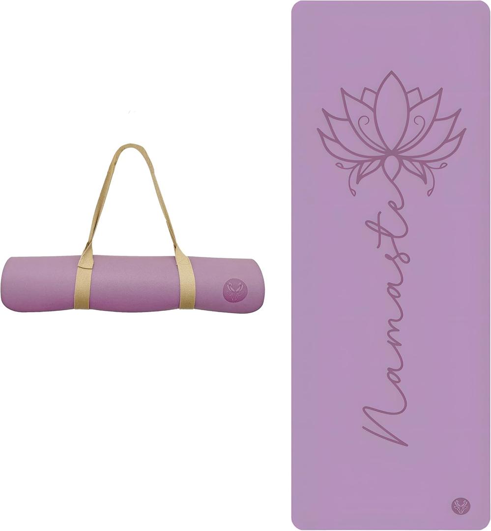 Premium PU Yoga Mat, 4.5mm Non Slip Natural Rubber Exercise Mat with Strap for Yoga, Pilates, Stretching & Fitness