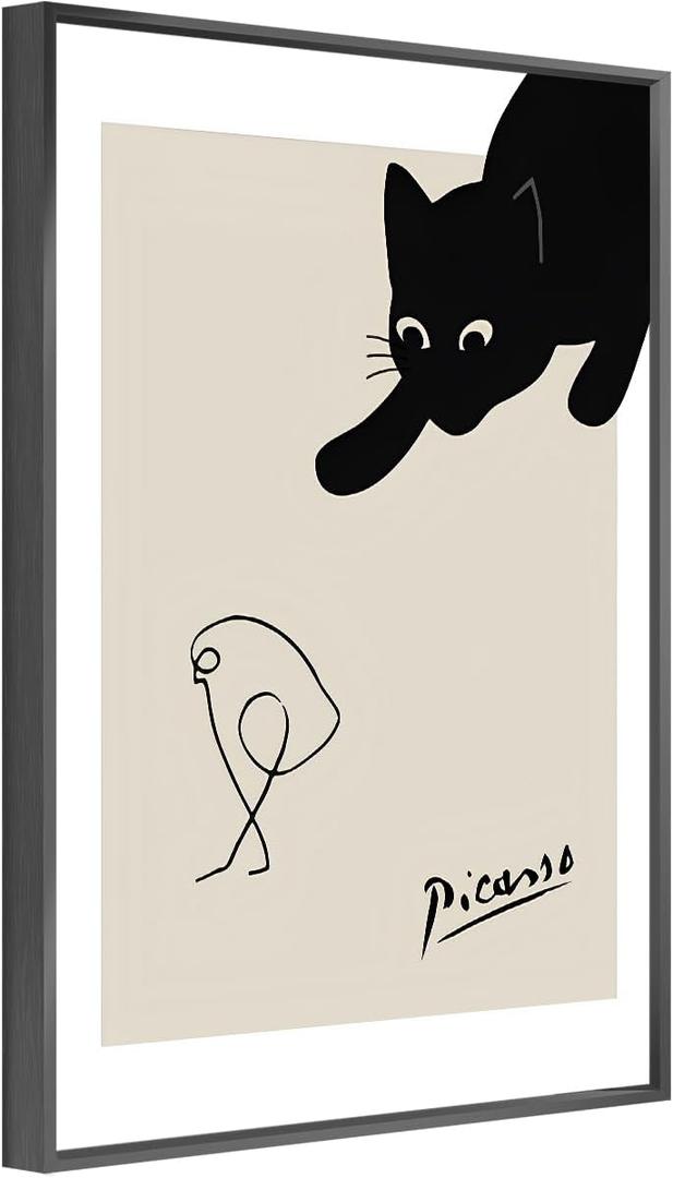 jenesaisquoi Picasso Wall Art The Cat & Bird of Picasso Artwork Picasso Posters Framed Canvas Wall Art for Living Room Bedroom (Black Frame, 12" x 16")