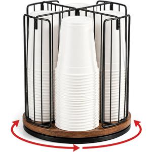 Geelin 4 Compartment 9.3 x 8.8 Inch Coffee Cup Dispenser, Rotating Mug Holder, Black Wire Disposable Coffee Mug Dispenser Removable, Plastic Cup Storage and Lid Holder for Kitchen, Cabinet Storage