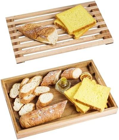 Nuvograin Wood Bread Cutting Board With Slicer, Crumb Tray and Holder - Serving Tray for Kitchen, Color Combination Design - For Cake, Bagels - 9.53" Wide x 1.46" Tall
