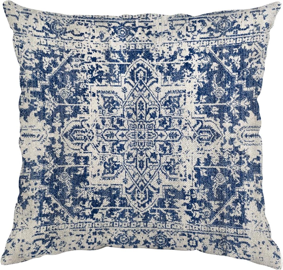 Boho Pillow Covers 24x24 Inch, Carpet Blue Vintage Throw Pillow Cover Antique Ethnic Decorative Blue Pillow Cases Home Decor Square Linen Pillowcase (Style 1)