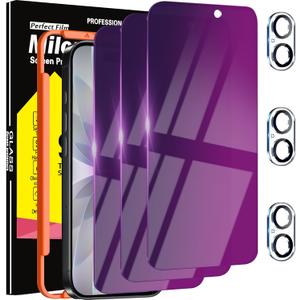 Milomdoi 3 Pack Gradient Colorful Privacy Screen Protector for iPhone 17 [Anti-Blue Light Private Film], 3 Pacs Camera Lens Protector Accessories, Case Friendly, Anti-Spy Tempered Glass, Purple