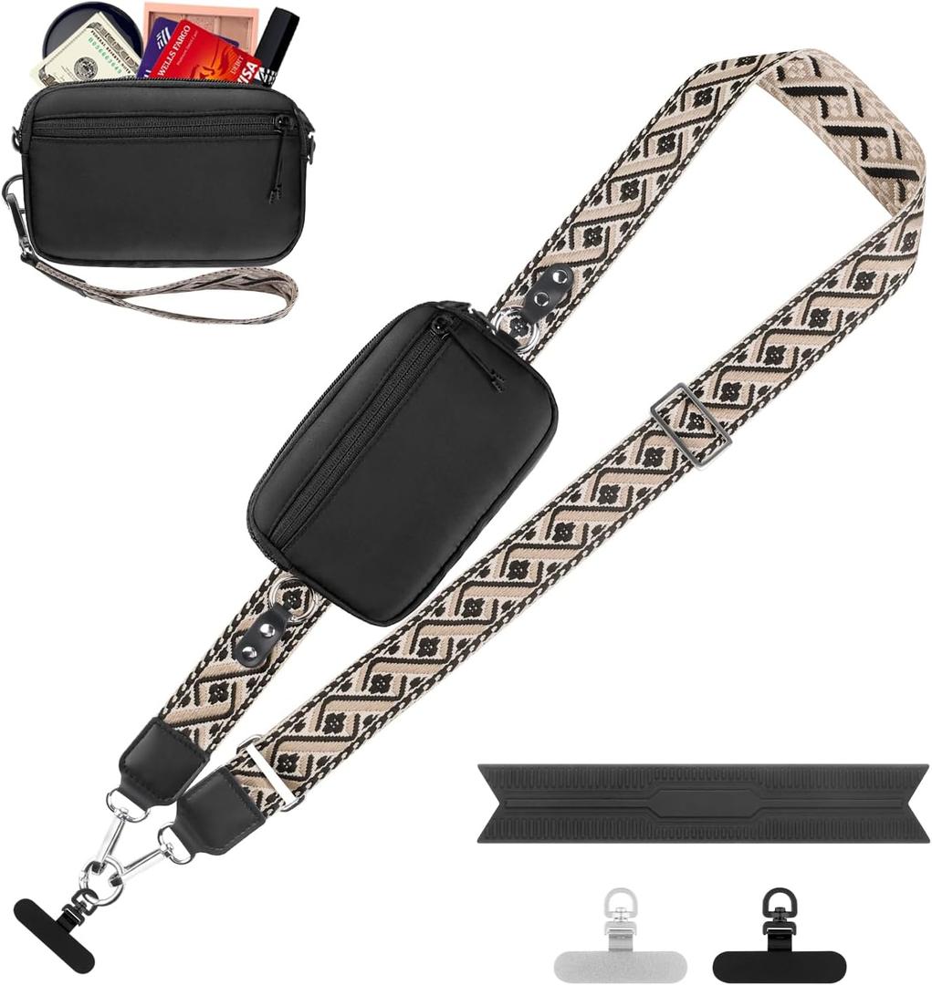YFWE Clip and Go Strap for Phone with Wallet Crossbody, Adjustable Phone Lanyard with Detachable RFID Wristlet Wallet, Pattern Strap, Black (M)