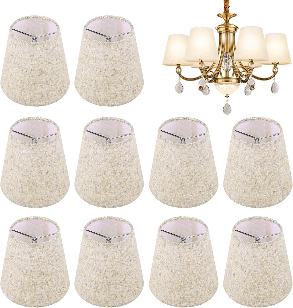 Set of 10 Chandelier Lamp Shades, Mini Barrel Lampshades Clip On for Table Lamp Wall Lamp Replacement, Natural Linen Small Lamp Shade, 3.5x5x5.5in (Top Height Bottom)