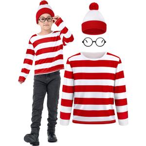 3 Pieces Kids Halloween Costume Set, Boys Costume Red and White Striped Shirt Beanie Hat Glasses for Cosplay Party (5-7 Years)