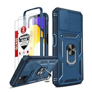 LeYi Compatible for Samsung A03s Case: A03s Case with Slide Camera Cover + [2 Packs] Tempered Glass Screen Protector, 360 Full Body Military-Grade Phone Case with Kickstand for A03s, Blue
