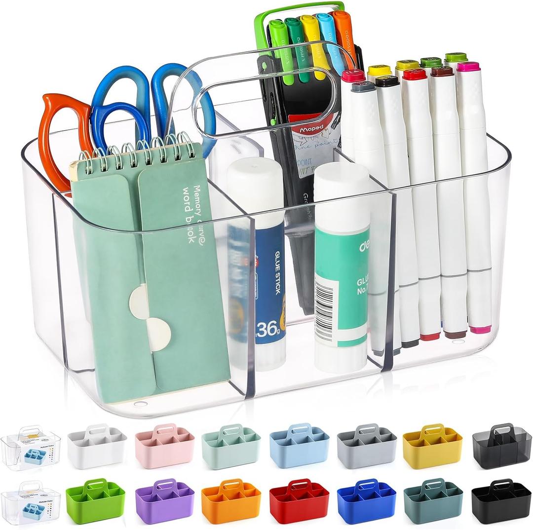 Multiuse Caddy Organizer with Handle, Portable Divided Plastic Tote Bin - Art Craft, Stationary Pen Marker Crayons, Makeup Hair Supplies Storage - Bathroom, Classroom, Dorm, Office, Desk Holder -Clear