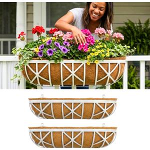 LaLaGreen Outdoor Railing Planter Box (30 Inch, 2 Pack) White Metal Coco Hanging Basket Planters Boxes with Adjustable Mount Brackets, Attach for Fence, Flower Pot Wall, Balcony Garden & Railscapes