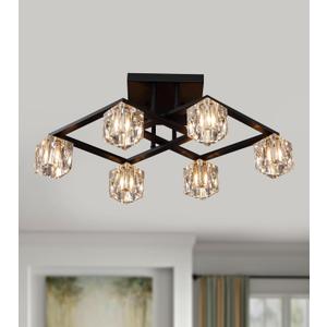 Semi Flush Mount Ceiling Light,Modern Black Crystal Chandelier Geometric 6 Lights Light Fixture for Dining Room Living Room Bedroom Kitchen Island Office