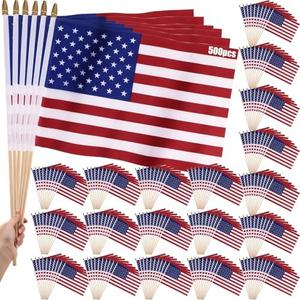 Tudomro 500 Pcs Small American Flag on Stick 12x18 In Mini Small US Flags Handheld with Safety Golden Spear Top 4th of July Decoration American Hand Held Stick Flags for Memorial Day